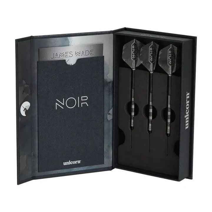 Boxed 90% tungsten darts set in presentation case, three black darts with knurled grip and Noir flights, premium display angled view