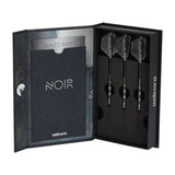 Boxed 90% tungsten darts set in presentation case, three black darts with knurled grip and Noir flights, premium display angled view
