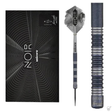 James Wade Noir 90% tungsten dart set boxed, single dart full view, and close-up barrel grip pattern for enhanced control