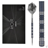 James Wade Noir 90% tungsten dart set boxed, single dart full view, and close-up barrel grip pattern for enhanced control