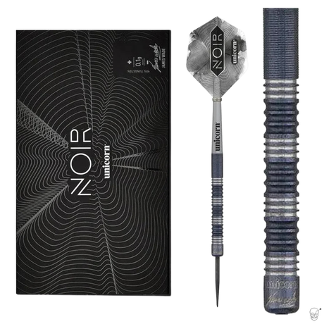 James Wade Noir 90% tungsten dart set boxed, single dart full view, and close-up barrel grip pattern for enhanced control