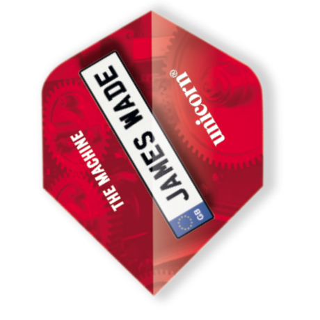 Close-up dart flight with James Wade number plate design, red gears background, isolated for dart accessories buyers