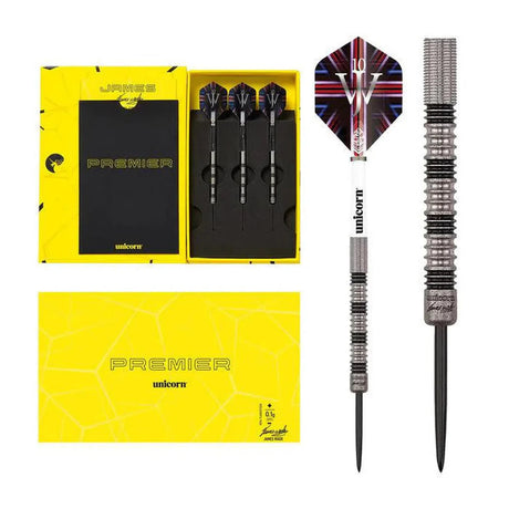 Top-down view of tungsten darts set in display box, close-up on knurled barrel grip and signature flight design, best steel tip darts
