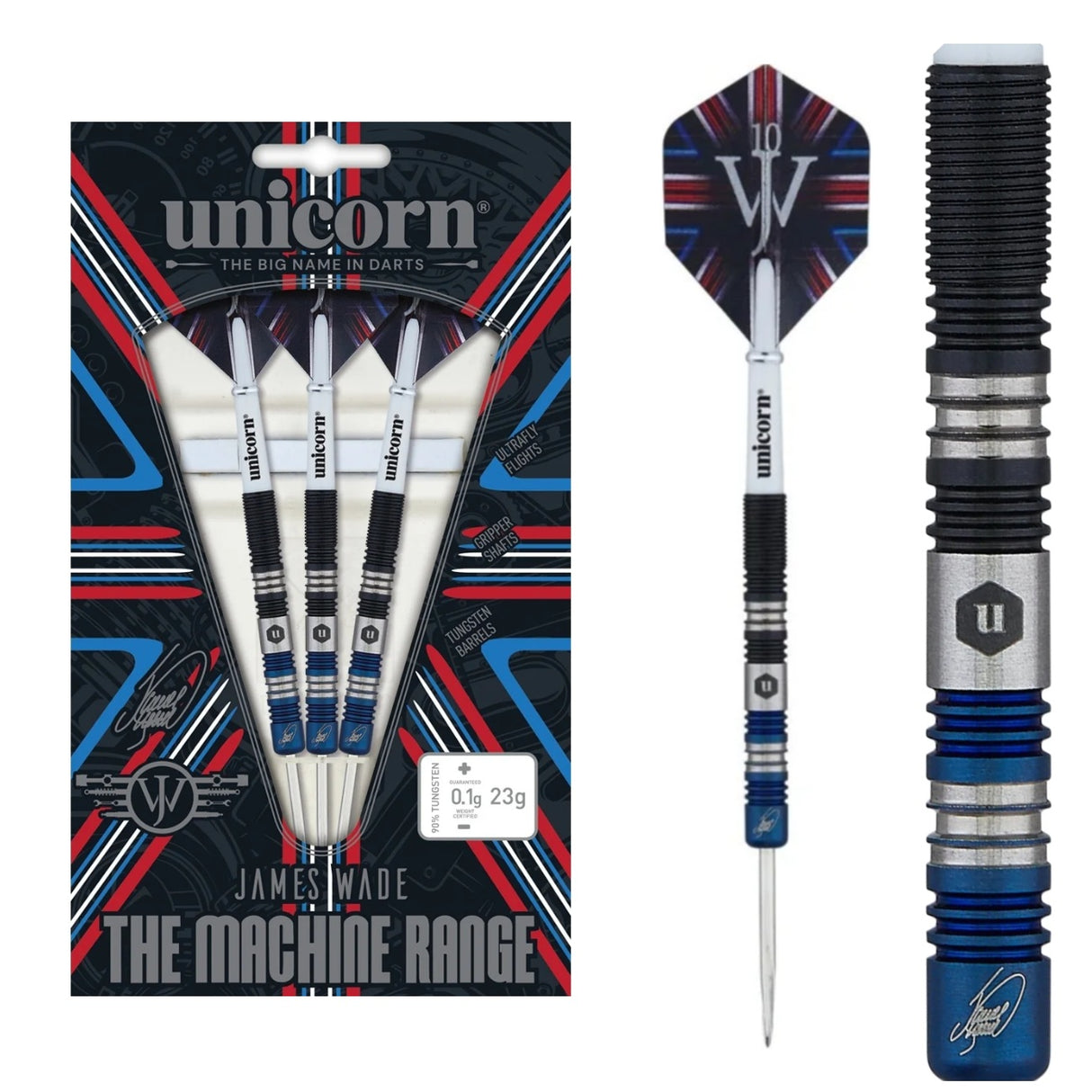 Unicorn James Wade The Machine Two Tone 90% tungsten darts — packaging, complete dart and barrel close-up