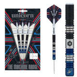 Unicorn James Wade The Machine Two Tone 90% tungsten darts — packaging, complete dart and barrel close-up