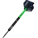 Angled full view of 90% tungsten dart with black ringed grip, green shaft, and WRAITH flight on white background