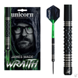 Dart set packaging, full view tungsten dart, and close-up of black knurled barrel grip for James Wade Wraith 90% tungsten darts