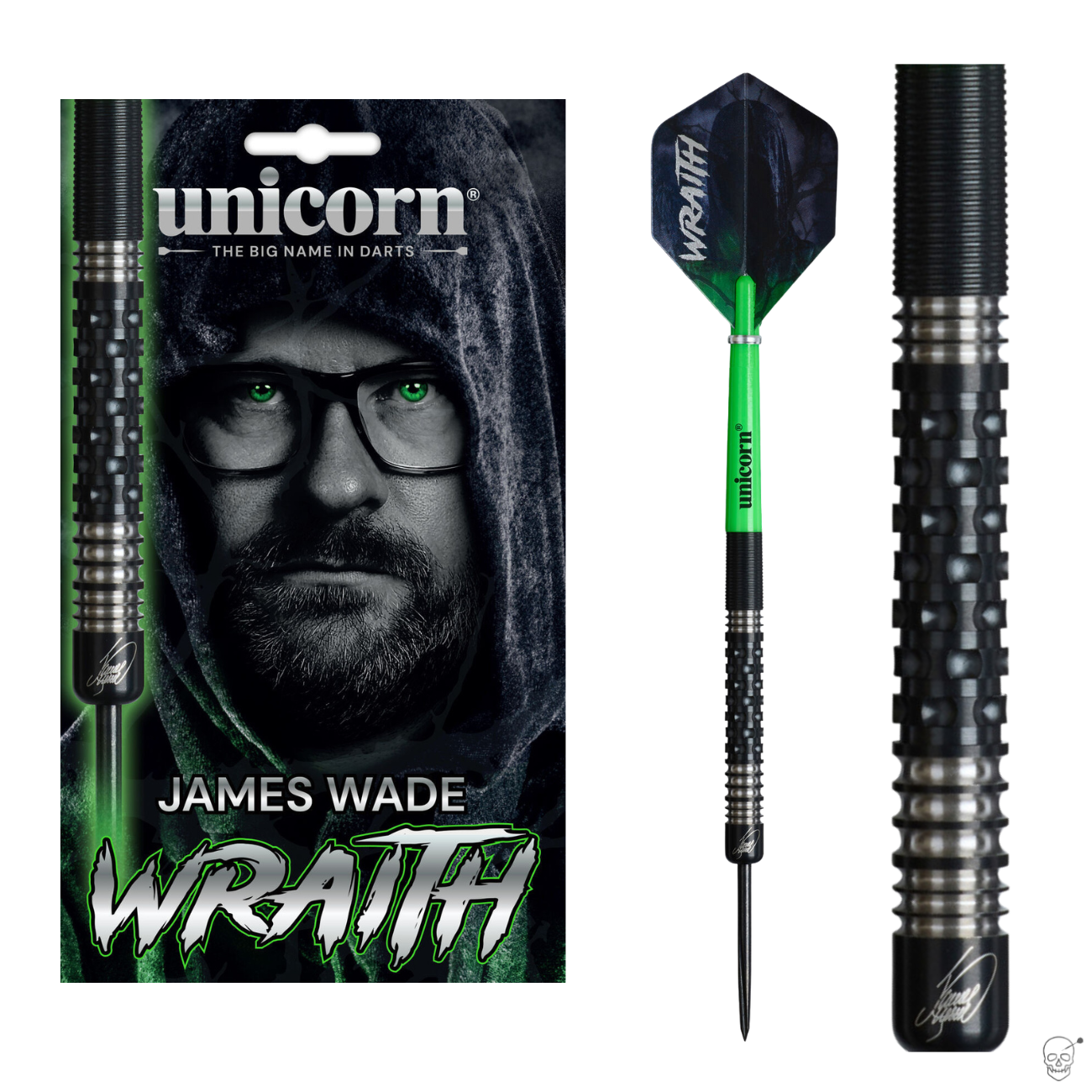 Dart set packaging, full view tungsten dart, and close-up of black knurled barrel grip for James Wade Wraith 90% tungsten darts