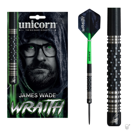 Dart set packaging, full view tungsten dart, and close-up of black knurled barrel grip for James Wade Wraith 90% tungsten darts