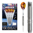 Unicorn Jamie Caven Global 90% tungsten darts — packaging, complete dart and barrel close-up