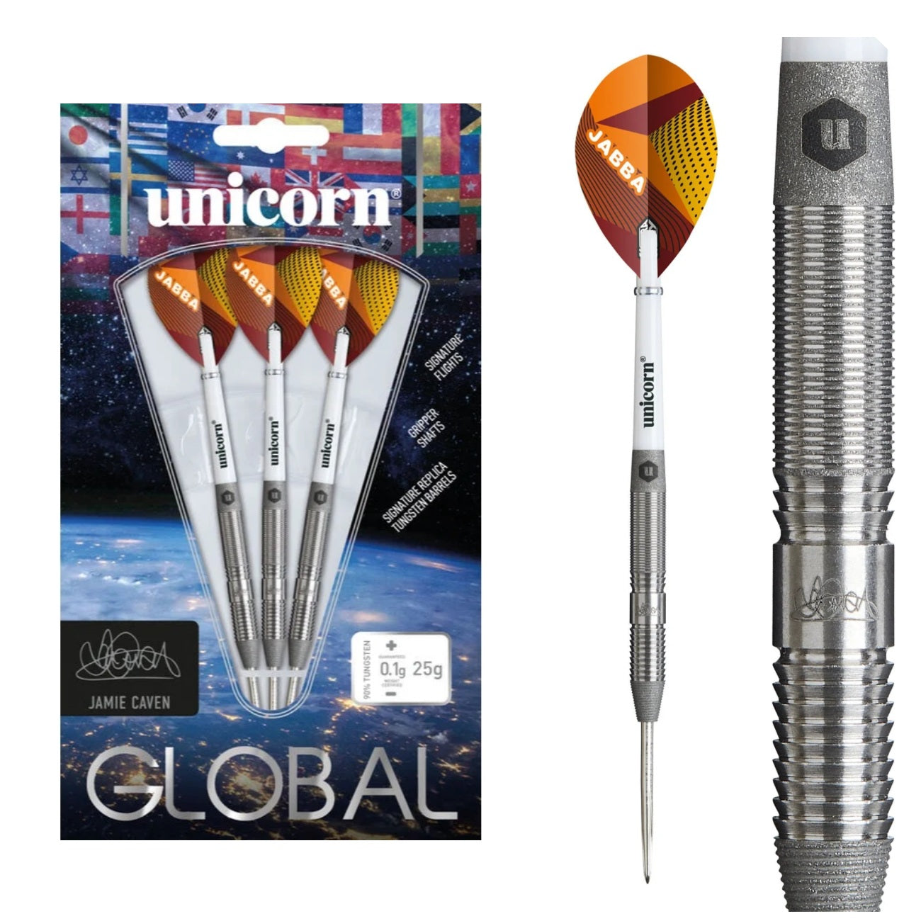 Unicorn Jamie Caven Global 90% tungsten darts — packaging, complete dart and barrel close-up