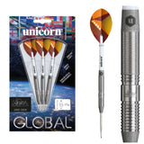 Unicorn Jamie Caven Global 90% tungsten darts — packaging, complete dart and barrel close-up