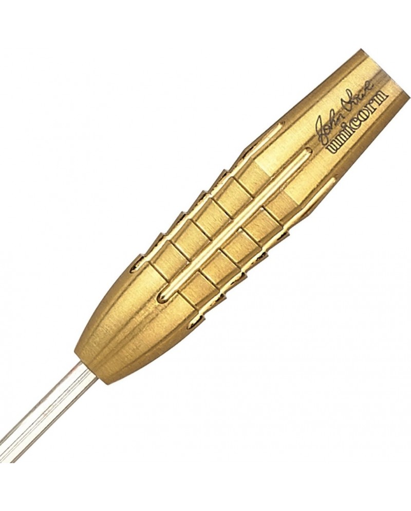 close-up angled shot of John Lowe tungsten dart barrel showing grip grooves and signature engraving, isolated on white