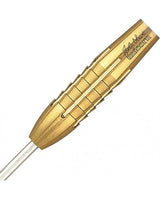 close-up angled shot of John Lowe tungsten dart barrel showing grip grooves and signature engraving, isolated on white