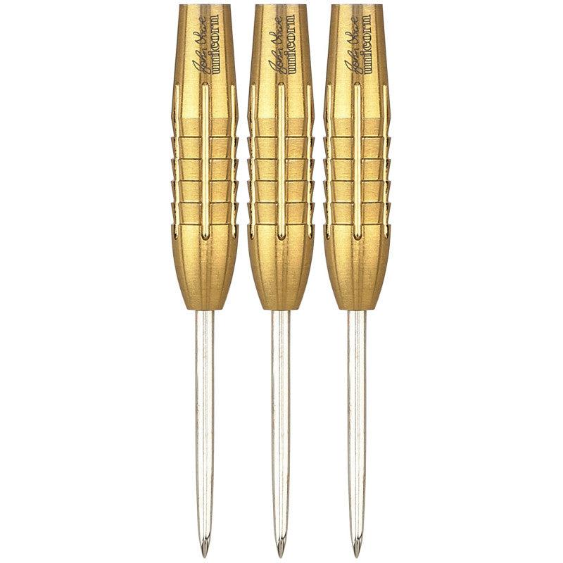 Three gold tungsten dart barrels with engraved signature and precision grip cuts, full view on white background for darts players