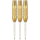 Three gold tungsten dart barrels with engraved signature and precision grip cuts, full view on white background for darts players