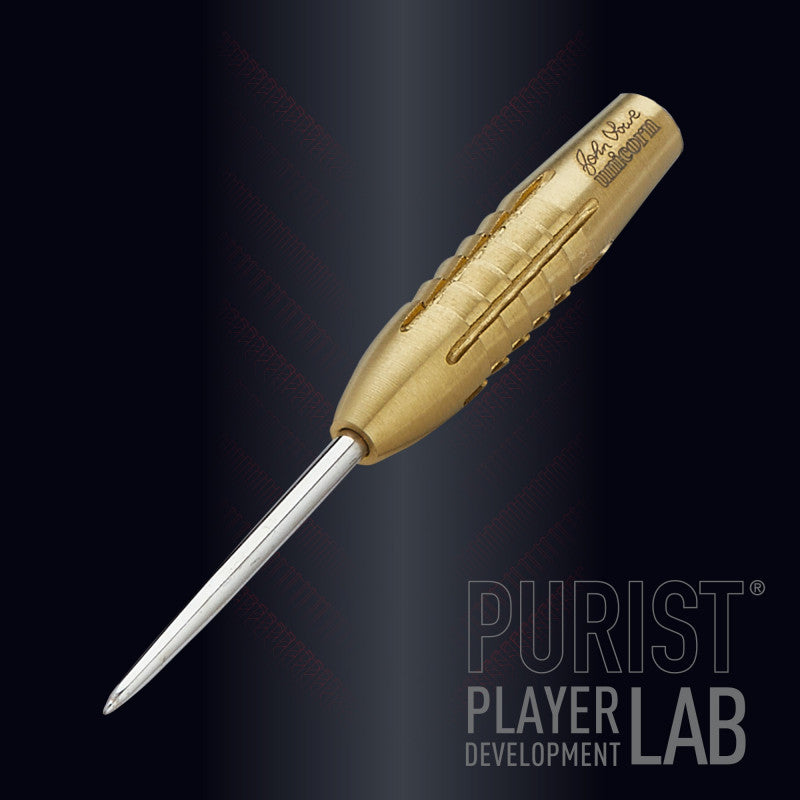 Close-up angled view of a single 90% tungsten dart barrel with engraved John Lowe signature, showing precision grip and steel tip on dark background