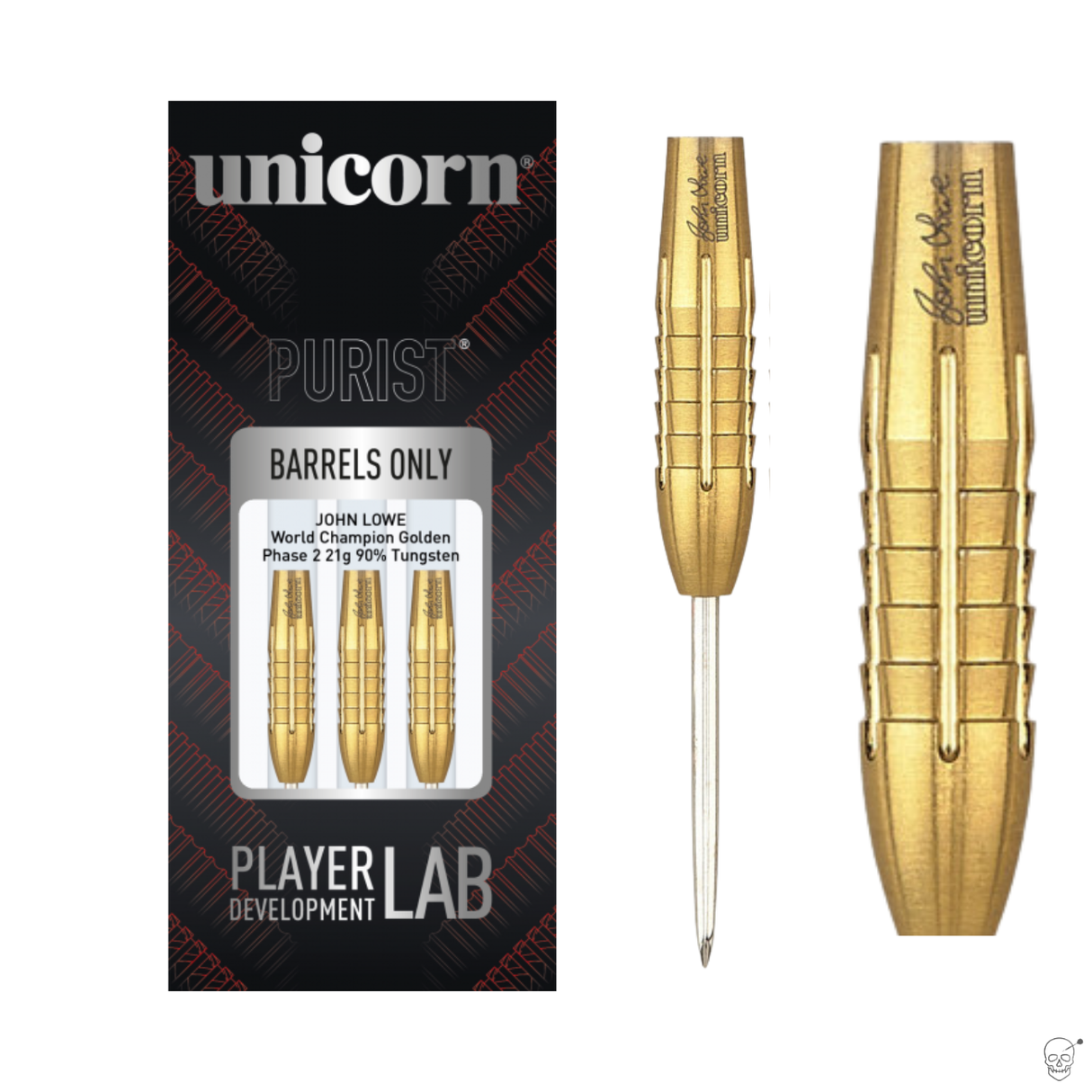 Gold tungsten dart barrels in retail packaging plus close-up views showing grip detail and engraved signature