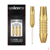 Gold tungsten dart barrels in retail packaging plus close-up views showing grip detail and engraved signature