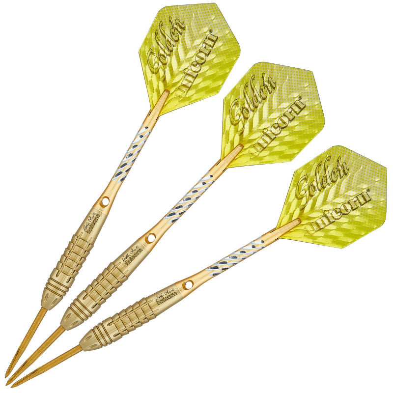 Three 90% tungsten darts with gold barrels and yellow flights, angled full view, showing textured grip and engraved details on white background