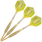 Three 90% tungsten darts with gold barrels and yellow flights, angled full view, showing textured grip and engraved details on white background