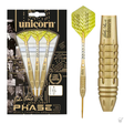 Gold tungsten darts in retail packaging with detailed close-up of knurled barrel grip and laser-engraved signature