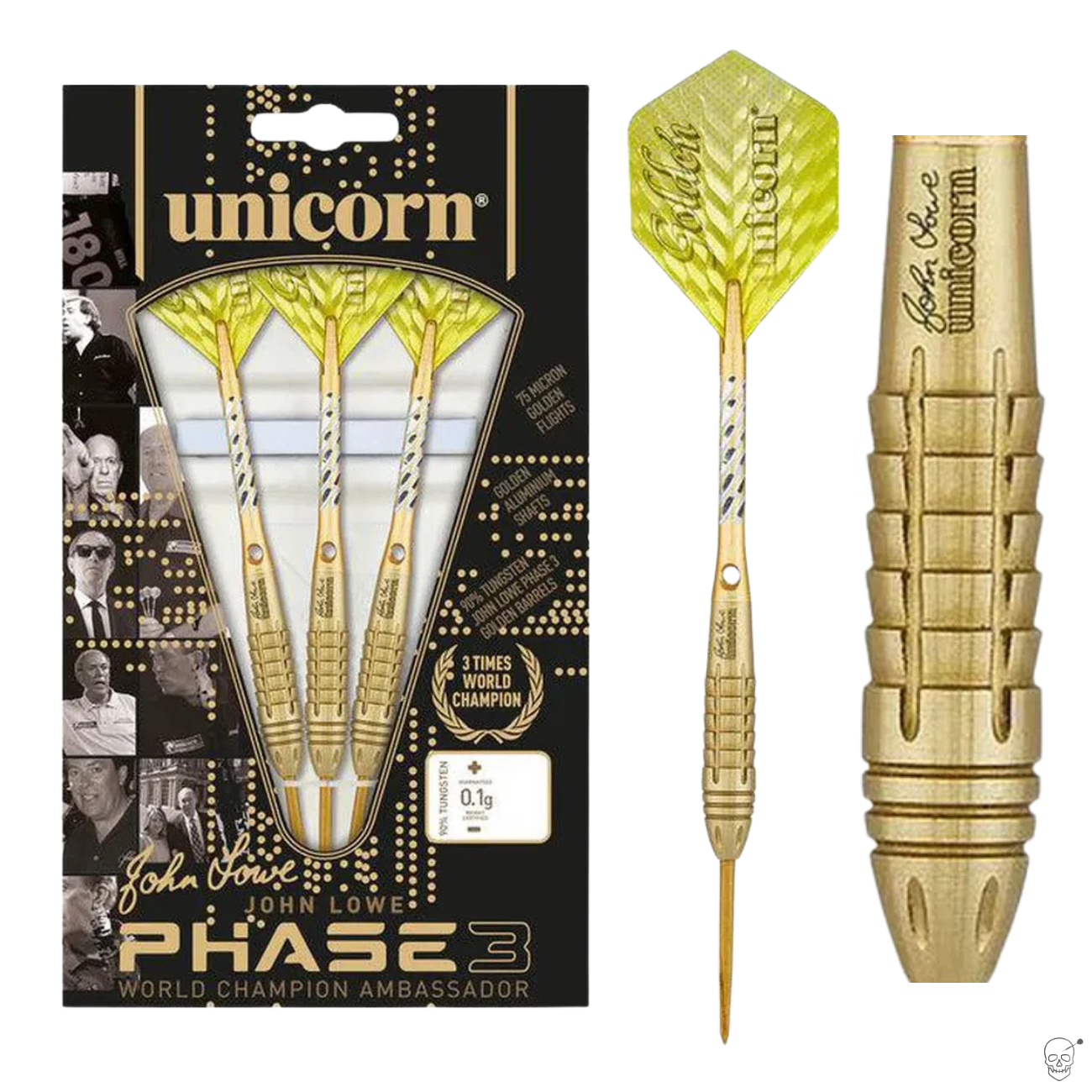 Gold tungsten darts in retail packaging with detailed close-up of knurled barrel grip and laser-engraved signature