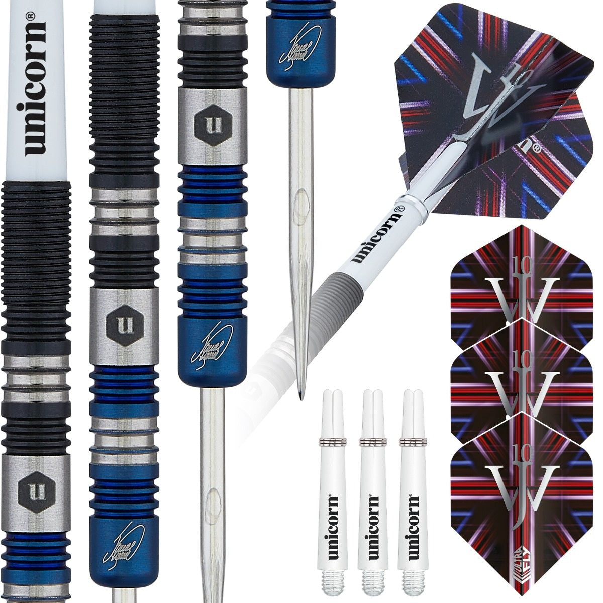 Unicorn James Wade The Machine Two Tone 90% tungsten darts with packaging and accessories