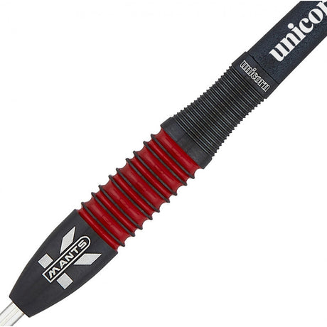 Close-up of Kyle Manton G2 180 tungsten dart barrel showing red and black ringed grip and detailed engraving, isolated on white