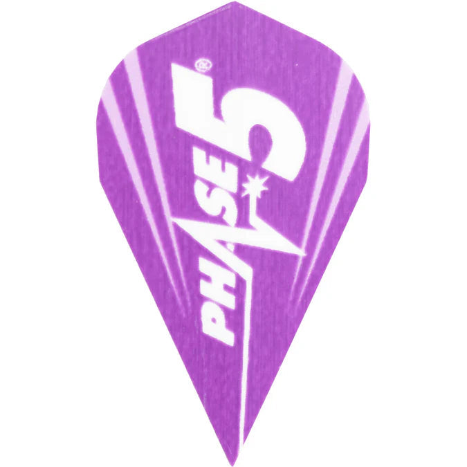 Close-up of a purple Phase 5 dart flight with bold white graphics, isolated on white background