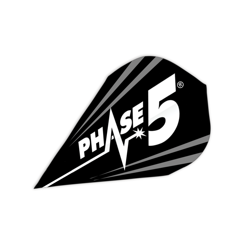 Single Phase 5 DXM dart flight full view, isolated on white, highlighting black and silver design for dart equipment