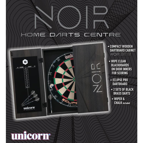 Angled view of home darts centre with wooden cabinet, open door showing dartboard, wipe-clean scoreboard and black darts inside.