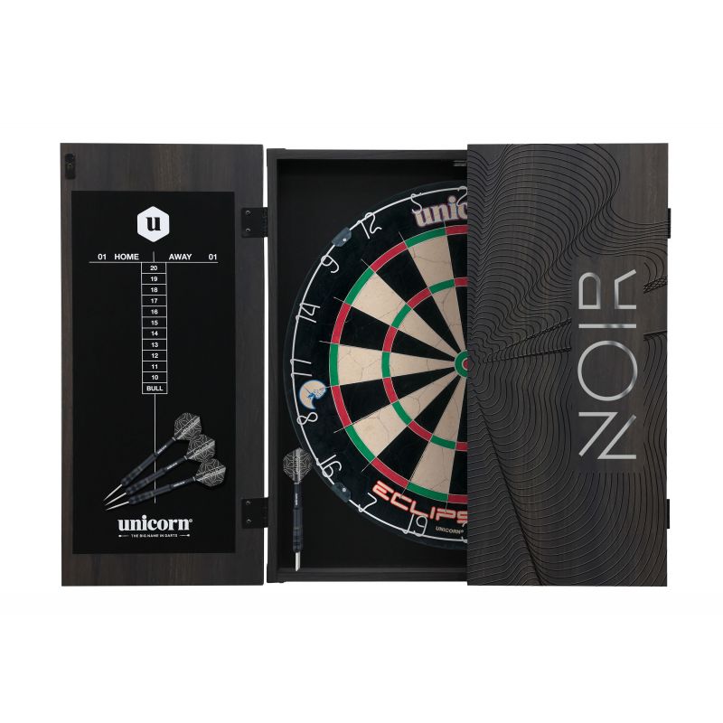 Dartboard cabinet open showing black wipe-clean scoreboard, four darts, and Eclipse Pro bristle dartboard with sleek noir door design