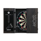 Dartboard cabinet open showing black wipe-clean scoreboard, four darts, and Eclipse Pro bristle dartboard with sleek noir door design