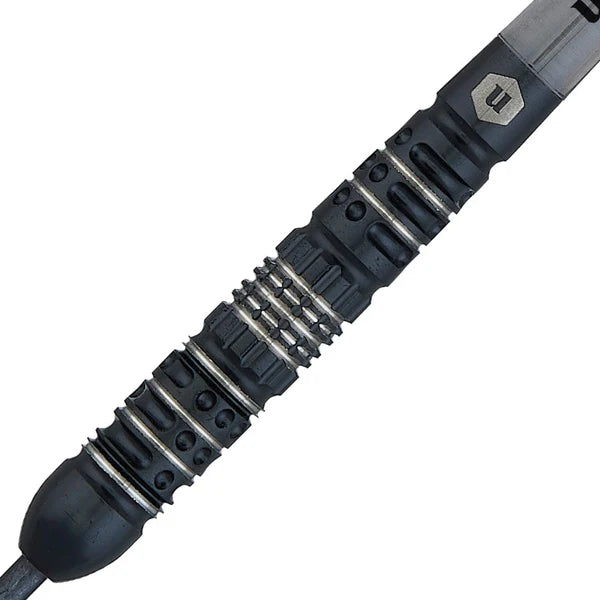 Close-up of 90% tungsten dart barrel showing black titanium nitride grip, ringed grooves, and knurled pattern, isolated on white