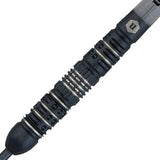 Close-up of 90% tungsten dart barrel showing black titanium nitride grip, ringed grooves, and knurled pattern, isolated on white