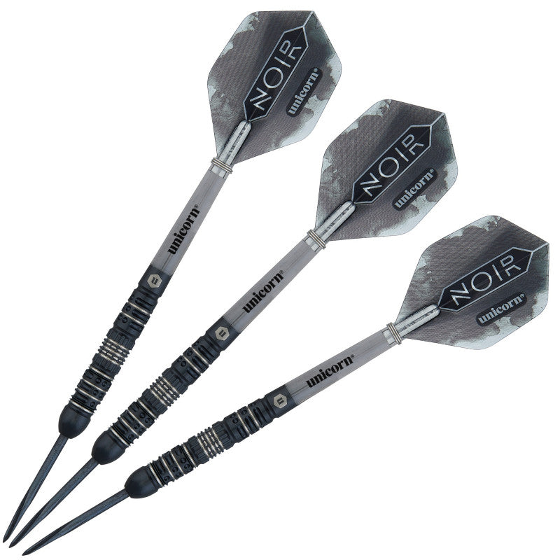 Three 90% tungsten darts with black titanium nitride barrels and Noir flights, full set displayed on white background