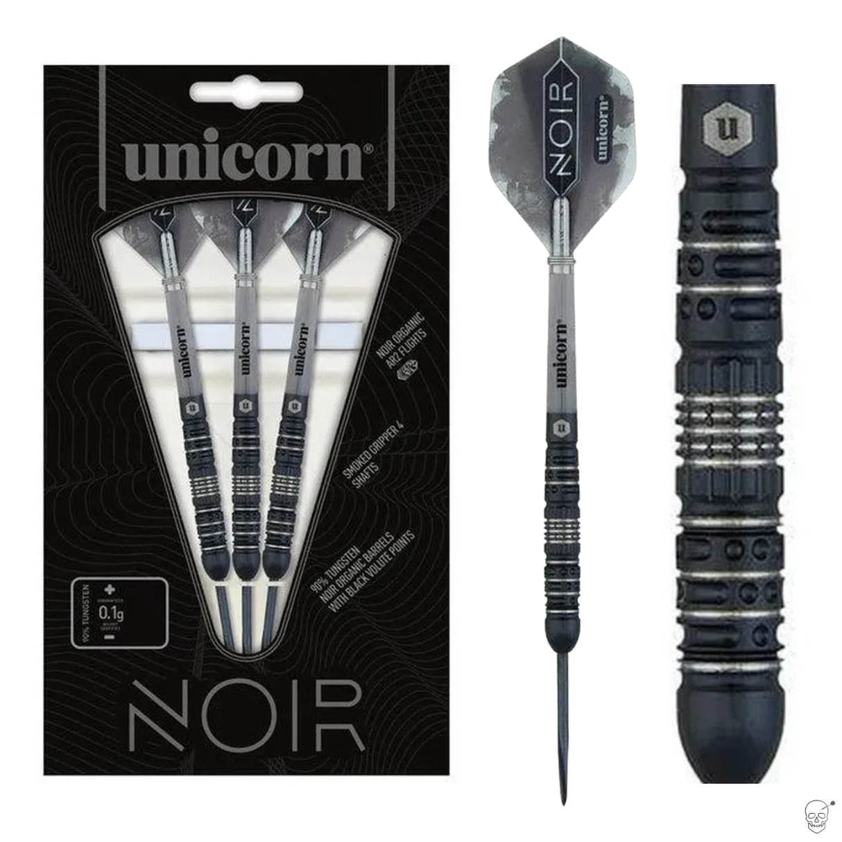 Steel tip tungsten darts set in retail packaging with close-up of black titanium barrel grip and flight design