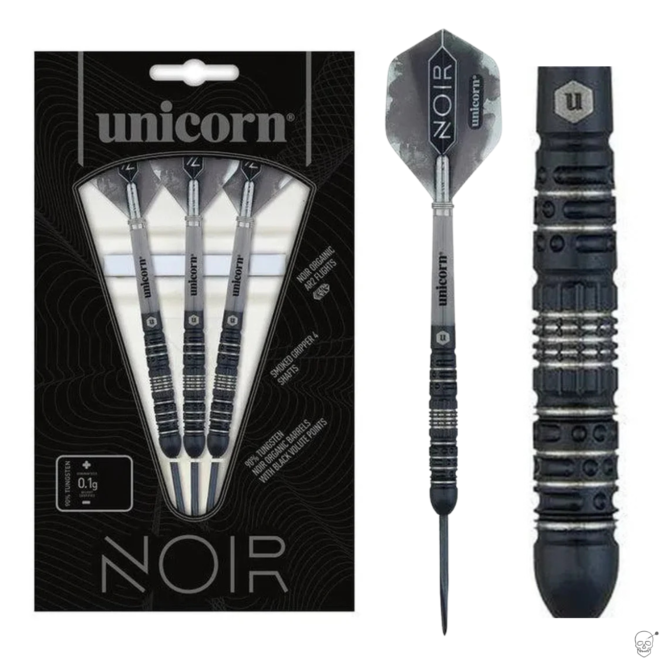 Steel tip tungsten darts set in retail packaging with close-up of black titanium barrel grip and flight design