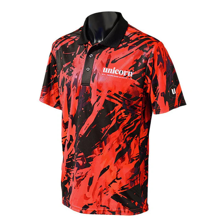 Angled view dart shirt on mannequin, red camo pattern, button-up collar, isolated on white for darts apparel buyers