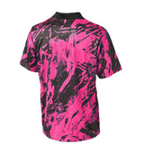 Back view of Pro Tech Camo darts shirt in pink and black camo pattern, short sleeves, full product shot on white background
