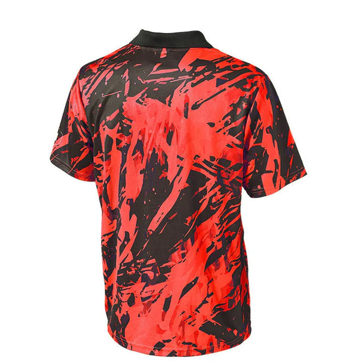 Back view of Pro Tech Camo darts shirt in red and black camo design, isolated on white for dart players