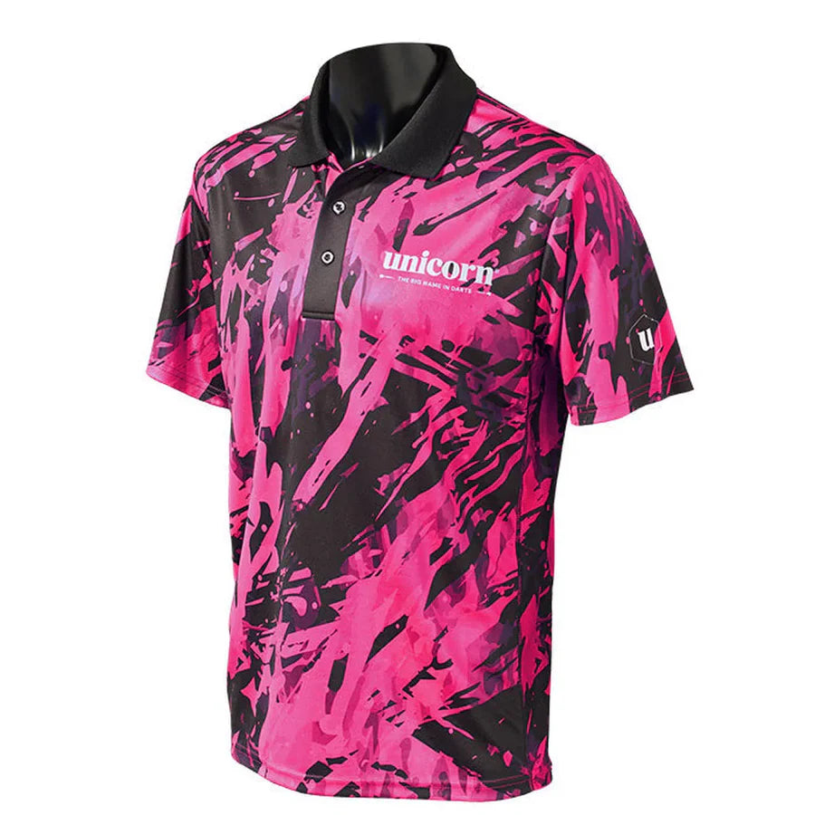 Angled full view of camo darts shirt on mannequin, pink and black design, button collar, ideal apparel for competitive dart players