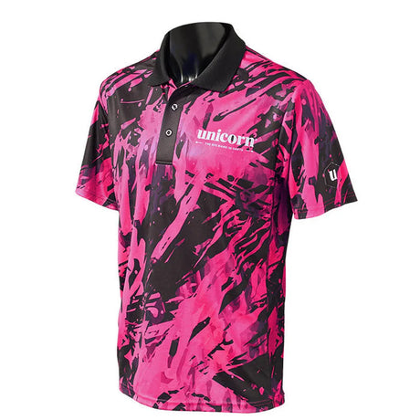 Angled full view of camo darts shirt on mannequin, pink and black design, button collar, ideal apparel for competitive dart players