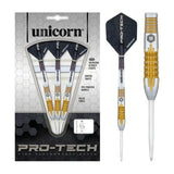 Pro-Tech tungsten darts set in retail packaging with close-up of single dart, featuring gold grip barrel and black ultrafly flight.