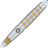 Close-up of 90% tungsten dart barrel with precision grip rings, gold accents, and engraved logo on white background