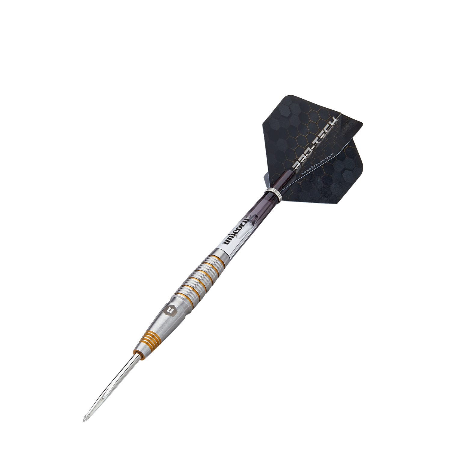 Angled view tungsten dart isolated on white, highlighting barrel grip rings, precision point, and hexagon flight design