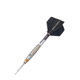 Angled view tungsten dart isolated on white, highlighting barrel grip rings, precision point, and hexagon flight design