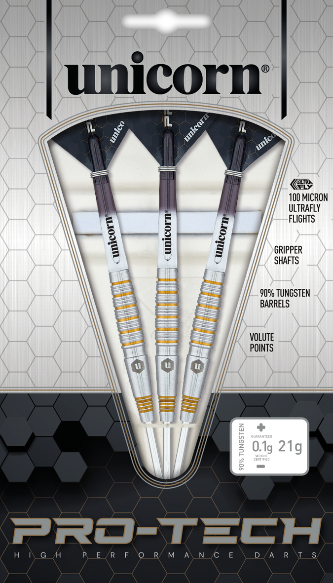 Three 90% tungsten darts in packaging, full view showing gripper shafts, ultrafly flights, textured barrels, and precision steel tips.
