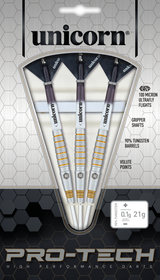 Three 90% tungsten darts in packaging, full view showing gripper shafts, ultrafly flights, textured barrels, and precision steel tips.